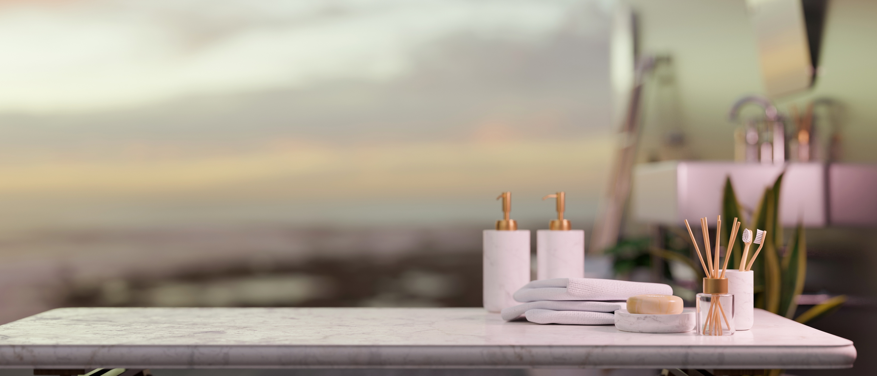 Empty space on marble tabletop with hotel amenities